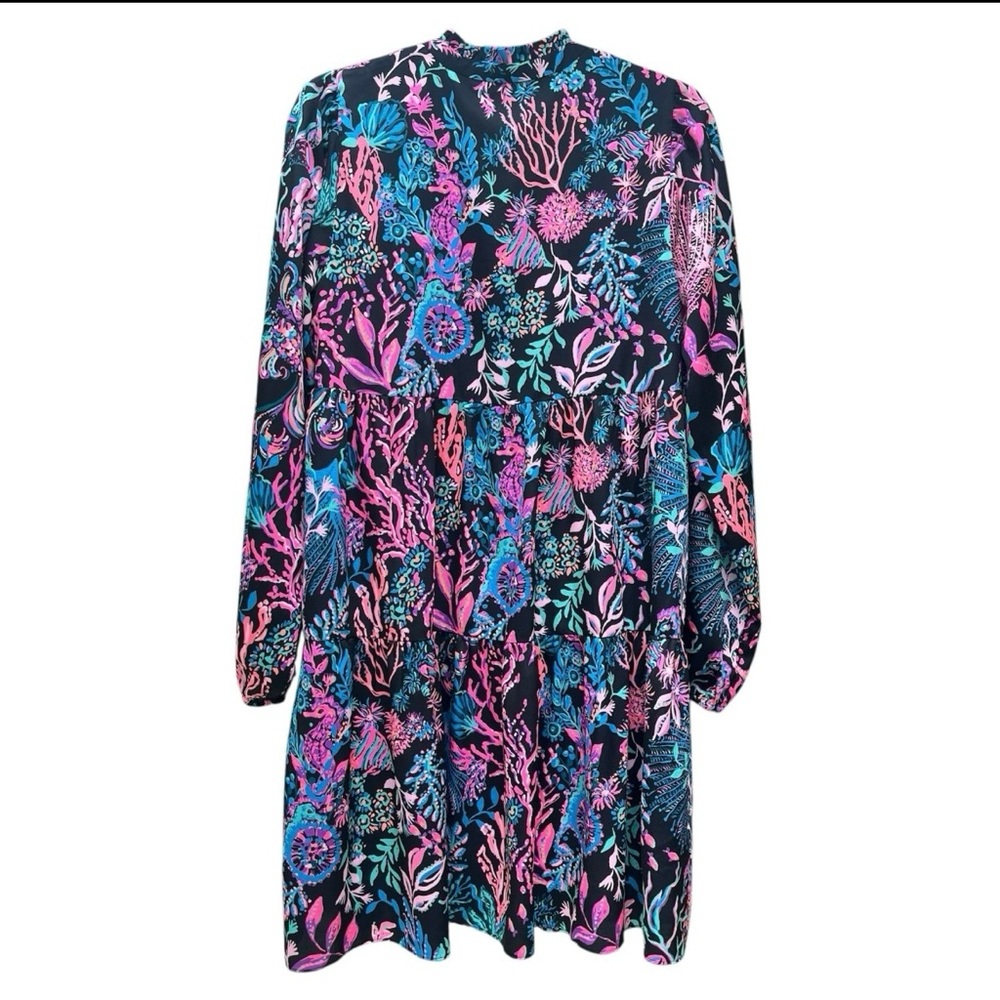 Lilly Pulitzer Arella Dress Onyx Twilight Coral Tiered Swing Mini M Boho Preppy - Picture 2 of 10